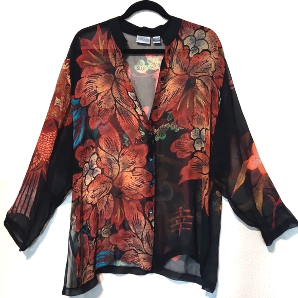 Chico's 100% Silk Asian Floral Sheer Button Front Blouse Size 3 EUC